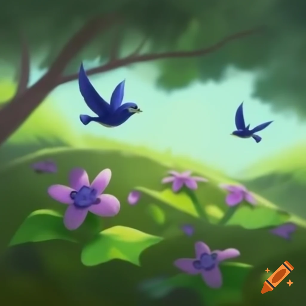 Flowers in field with trees and mysterious blue birds flying