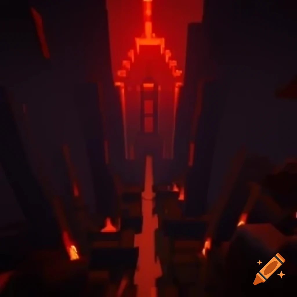 Crimson fortress in Minecraft made of burning netherrack with shadows