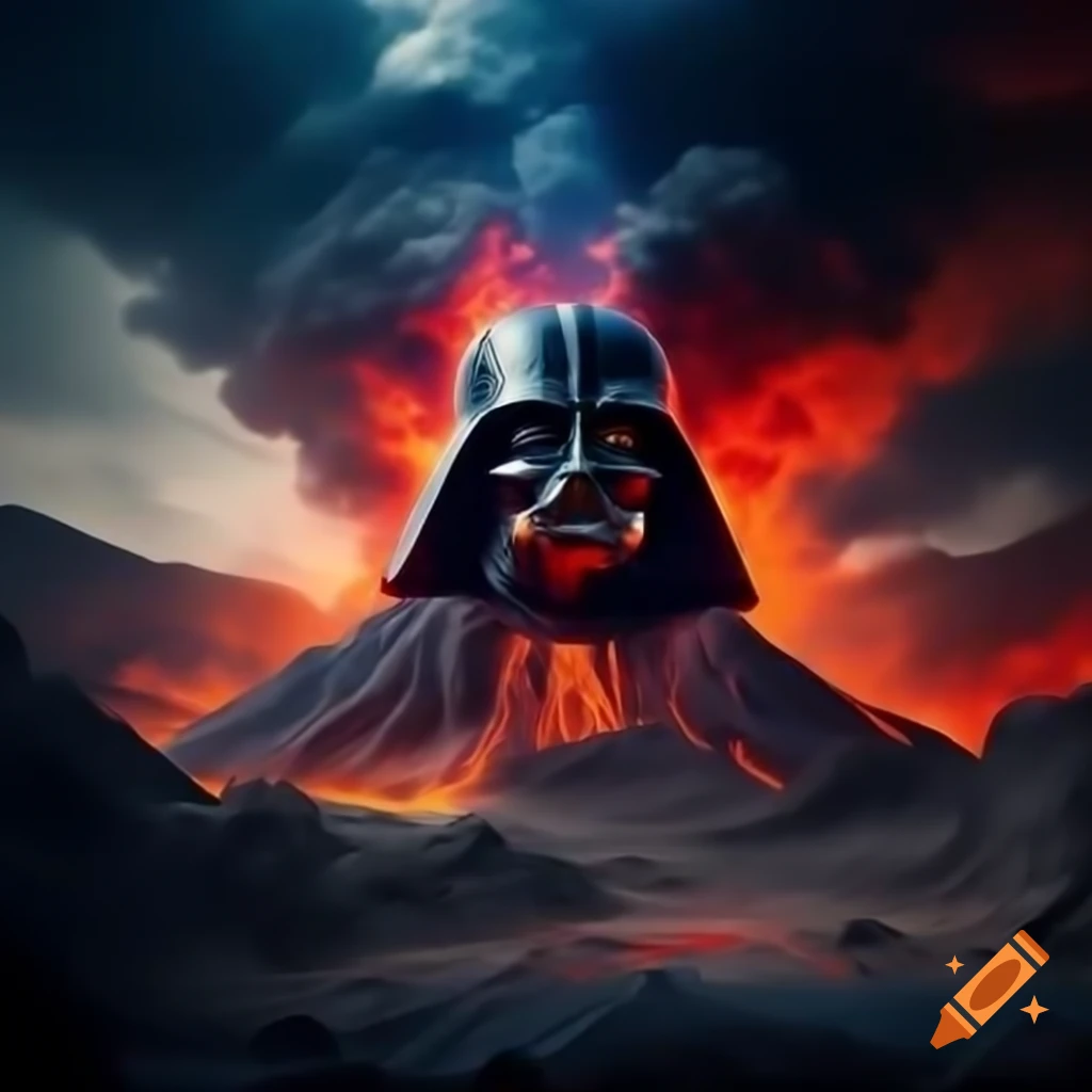 Darth Vader with volcano background, dramatic scene