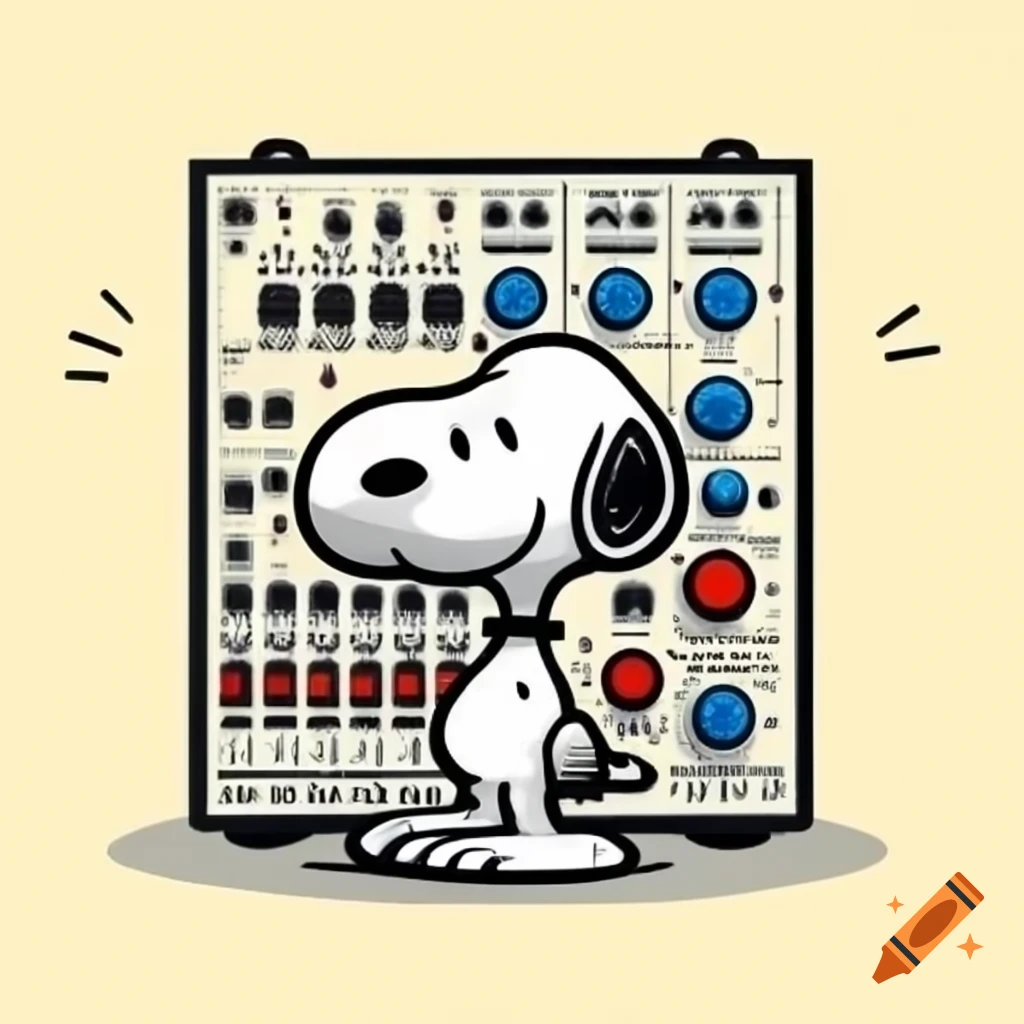Snoopy mixing audio in front of a sound board for live band