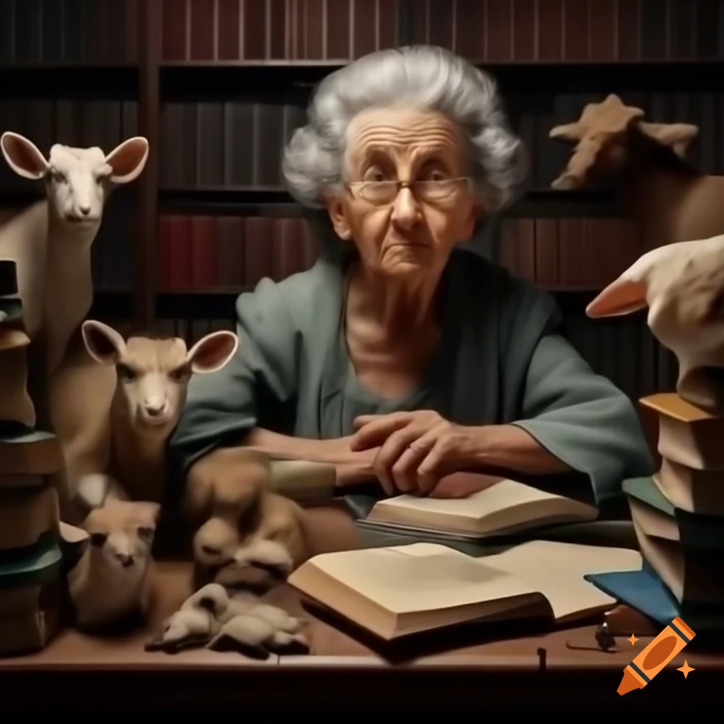 Old woman with authority looking over spectacles surrounded by taxidermied animals and books