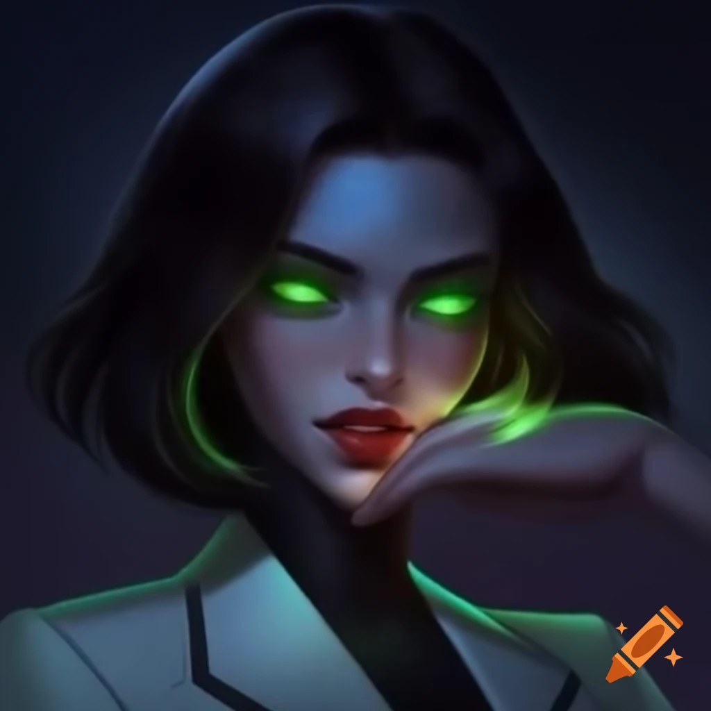 Mystical woman with glowing green eyes, brown hair, wearing a white suit and a white face mask