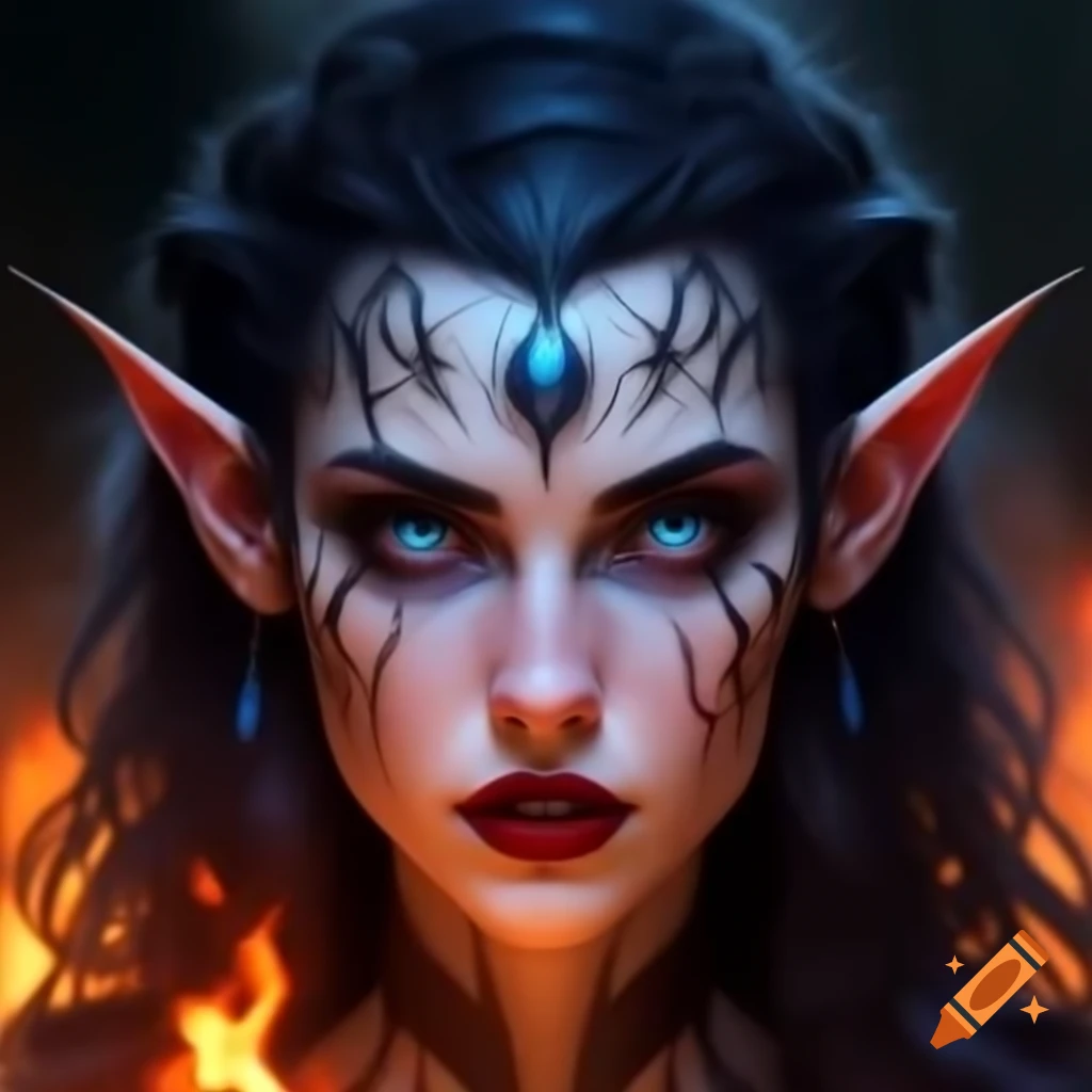 Half human half elf fire witch with black hair surrounded by flames