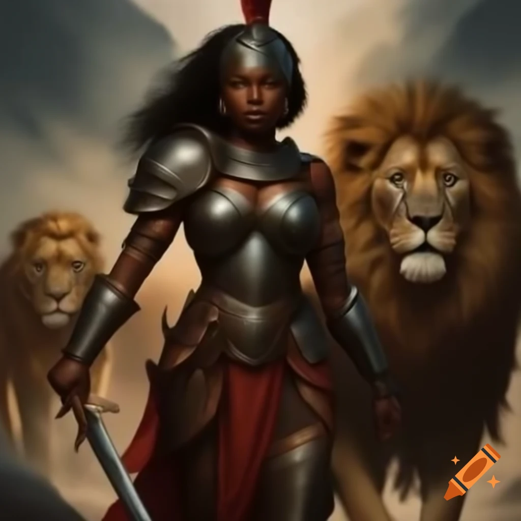 Black woman warrior in helmet walking with a lion
