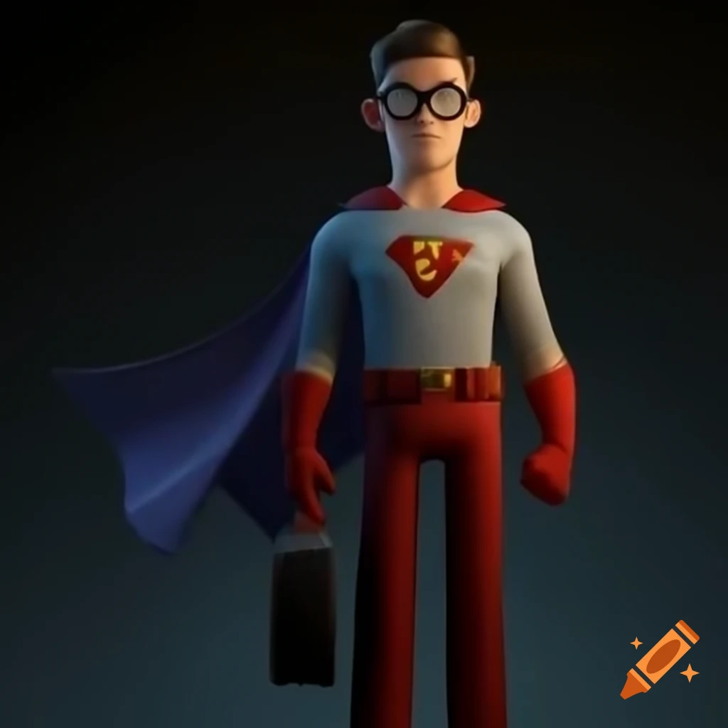 Superhero in glasses carrying briefcase