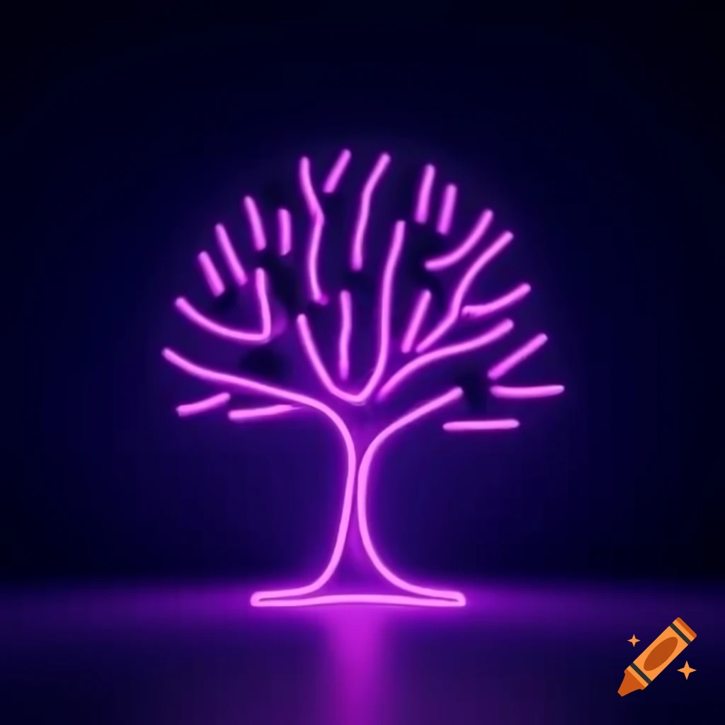 Purple neon tree glowing brightly on craiyon