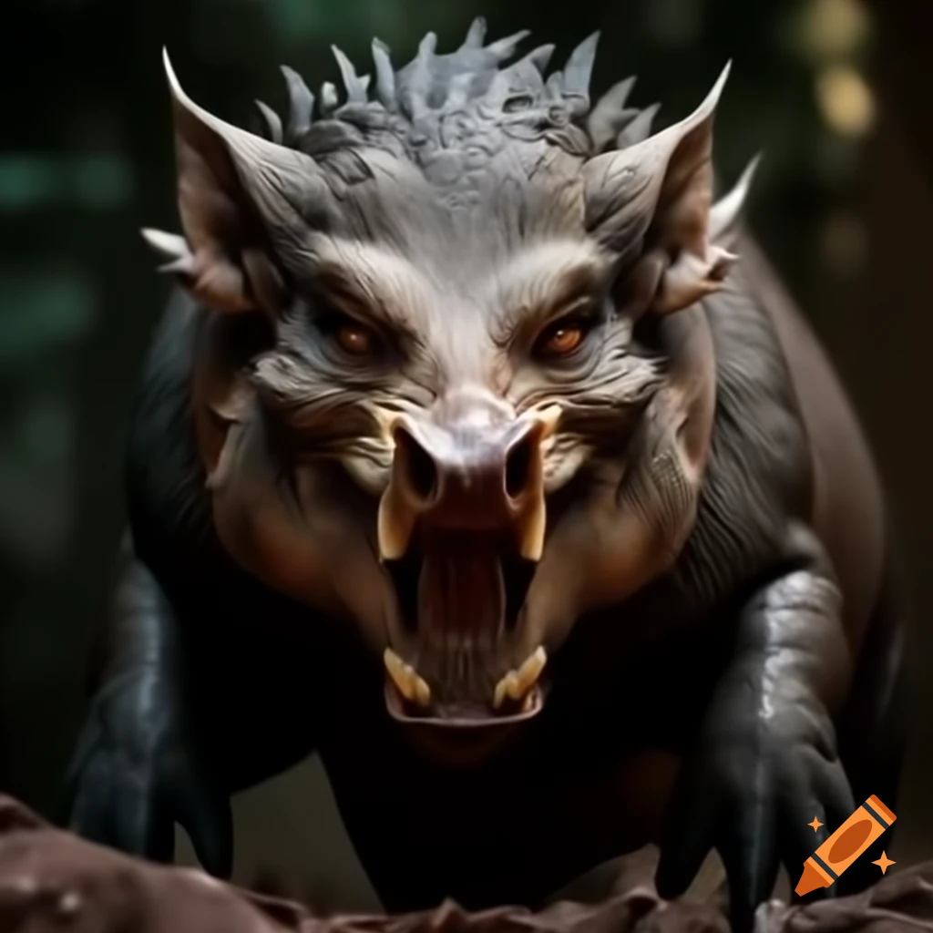 Hyper realistic wild boar-reptile fantasy creature with tusks in full figure