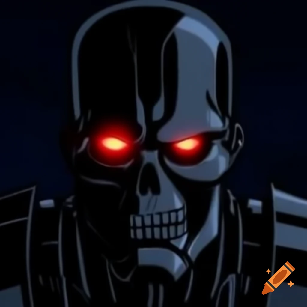 Cartoon version of Terminator with glowing red eyes in comic book style