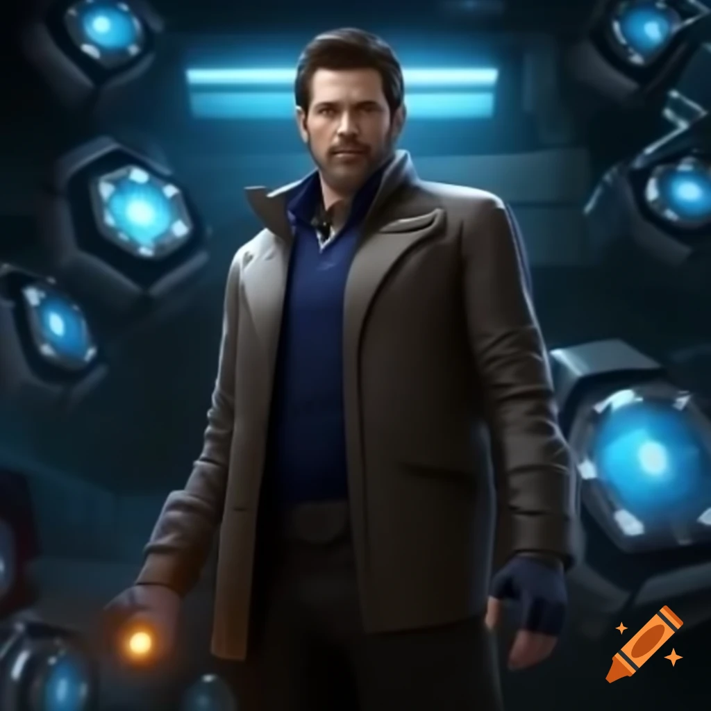 Man in modern clothes amazed by glowing lights and futuristic technology
