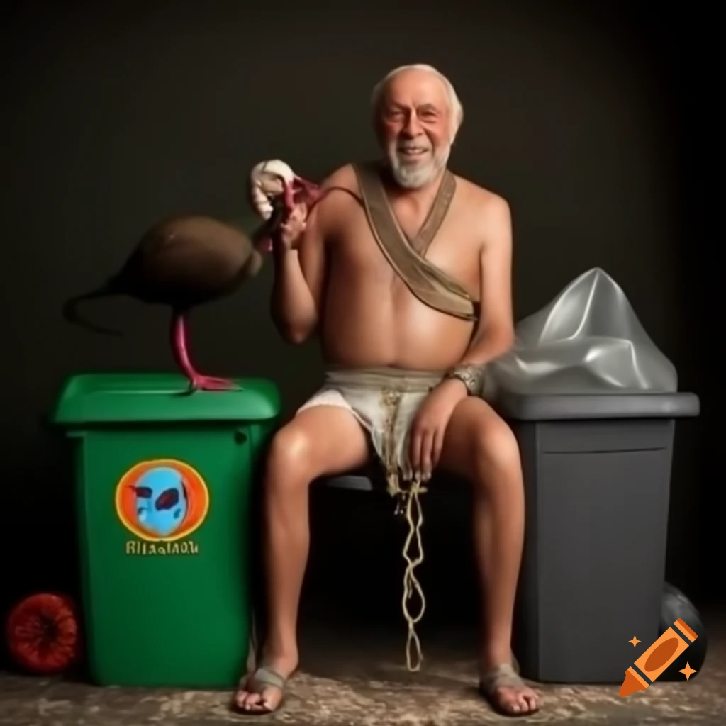 Man wearing chains and diaper sitting on an ibis bird beside garbage bin, smiling