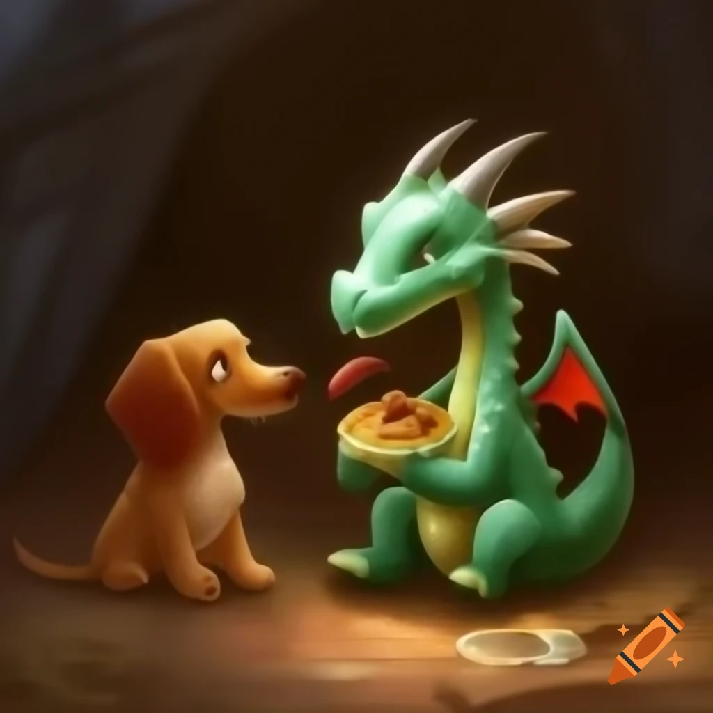 Dragoness and dog sharing a meal