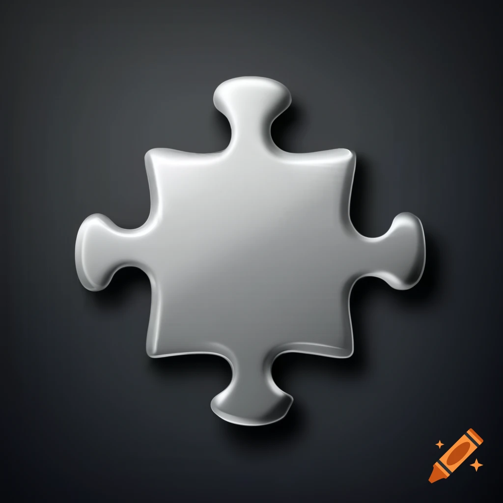 Single metallic silver puzzle piece on dark background, top-down view