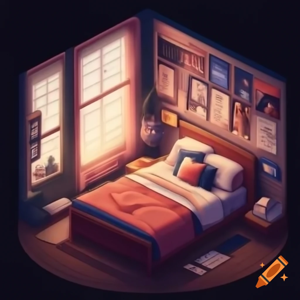 Cozy bedroom decorated with posters representing dreams in travel, art, science, and sports