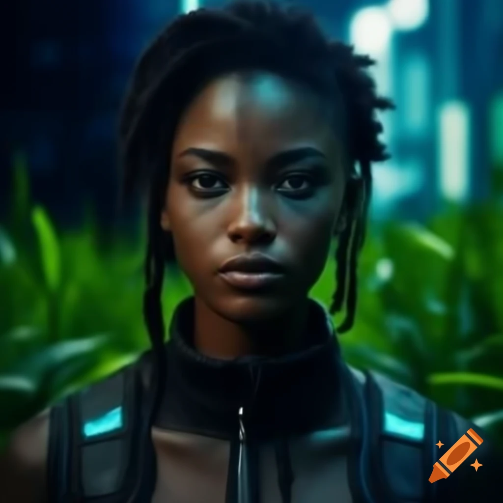 Cyberpunk portrait in space with environmental background and depth of field effect