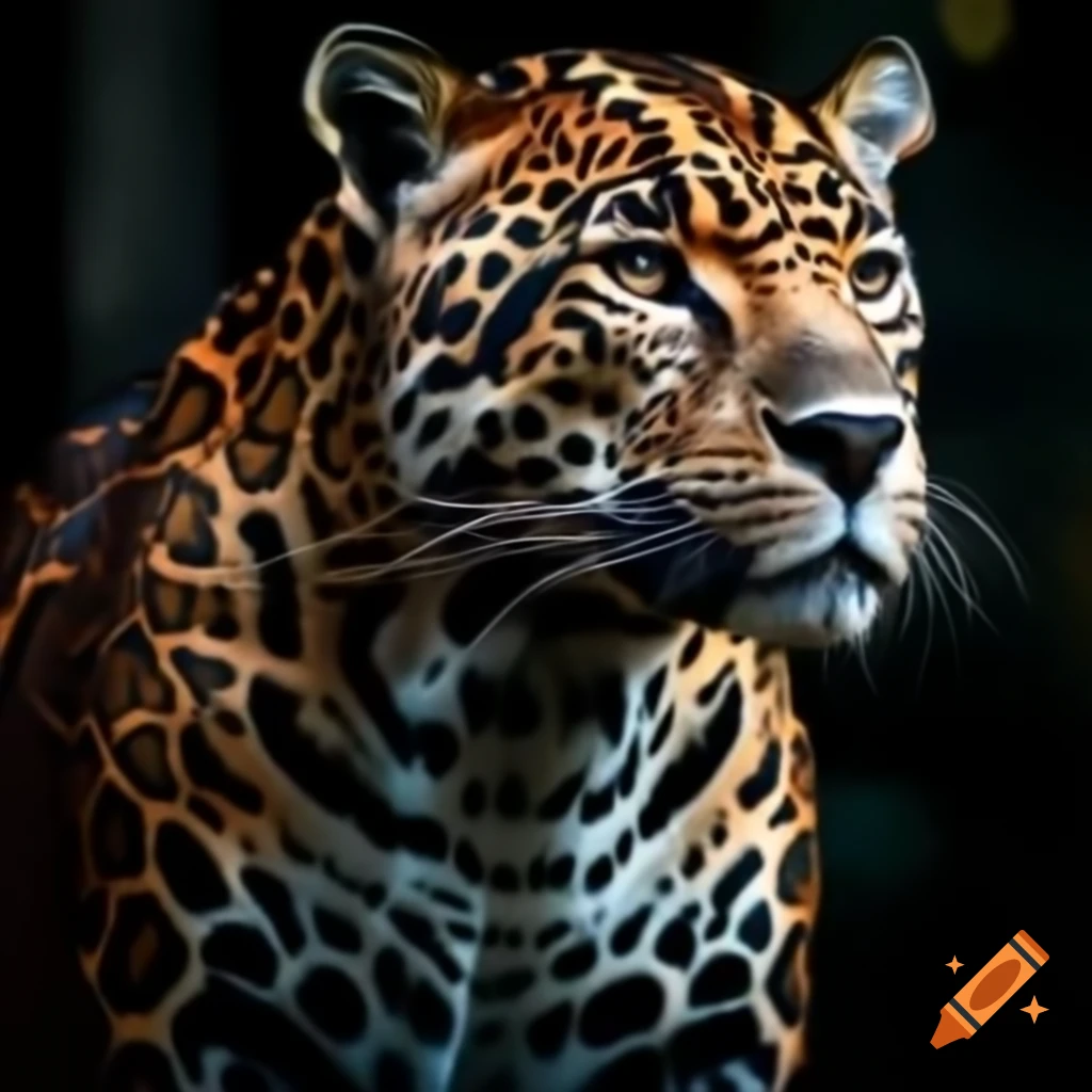 Neotraditional tattoo style jaguar with rosette-shaped markings and vibrant colors