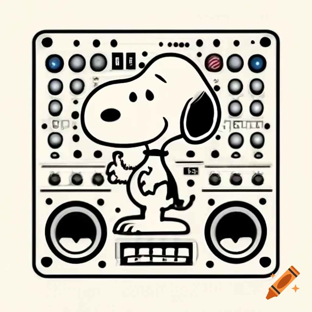 Snoopy mixing audio in front of a sound board for live band