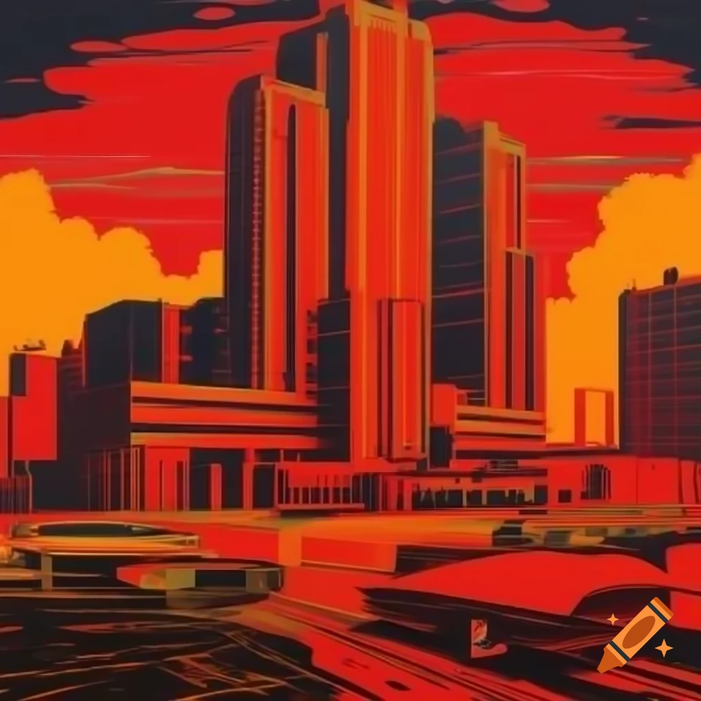 Vintage Soviet poster showcasing a hospital scene with bold red and orange colors