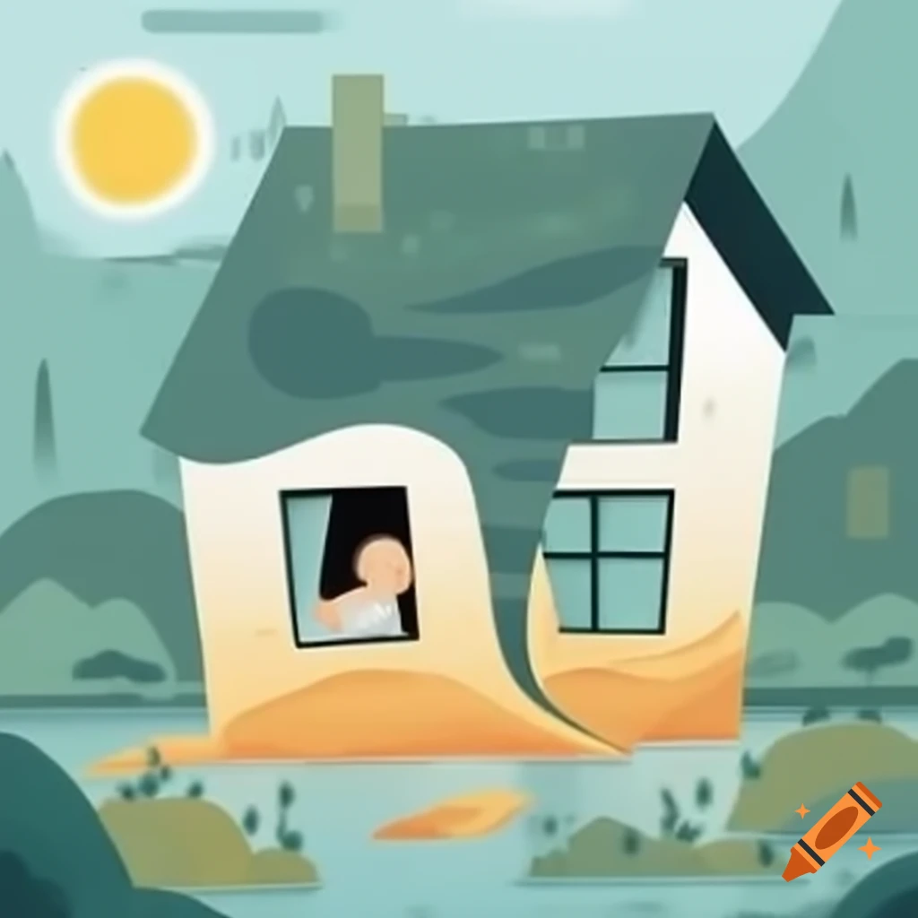 House in flood, person calmly looking out first floor window