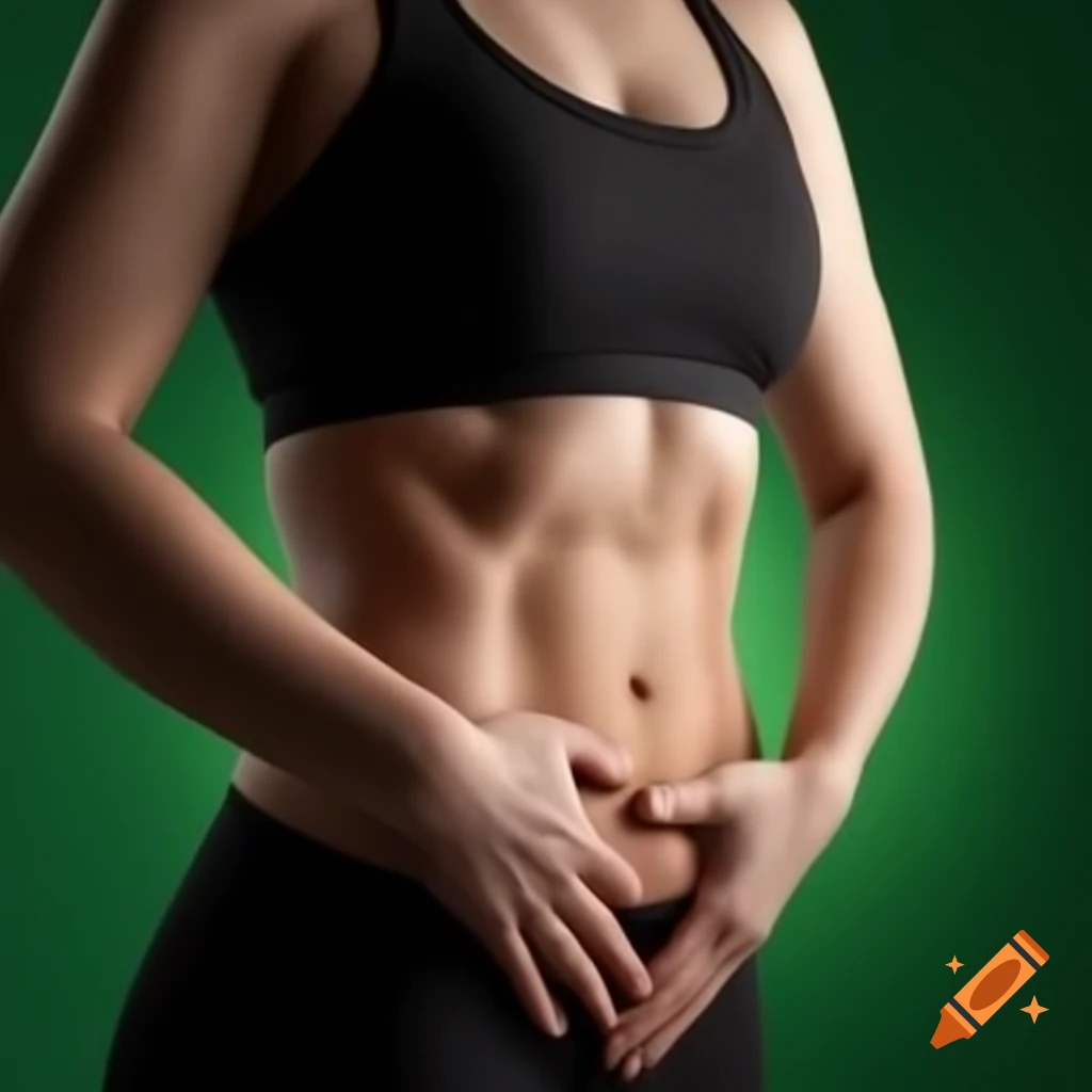 Realistic photograph of a fit young woman with defined abs, green background
