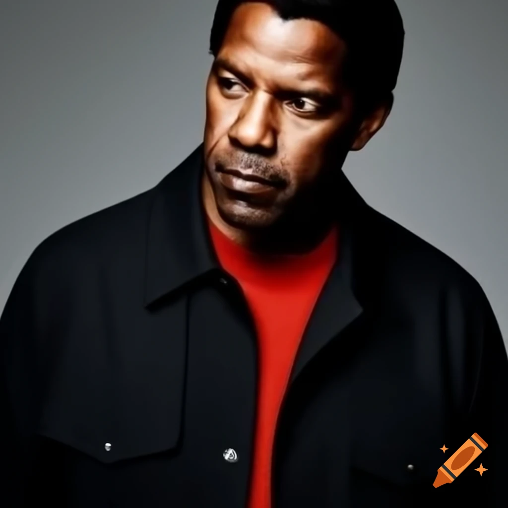Denzel Washington in black jacket and red undershirt