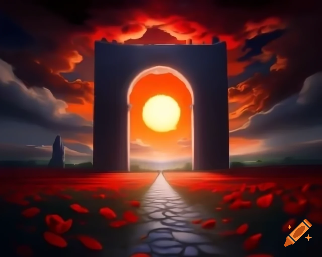 Surreal fantasy digital artwork of cracked white stone archway with dramatic red and orange sun
