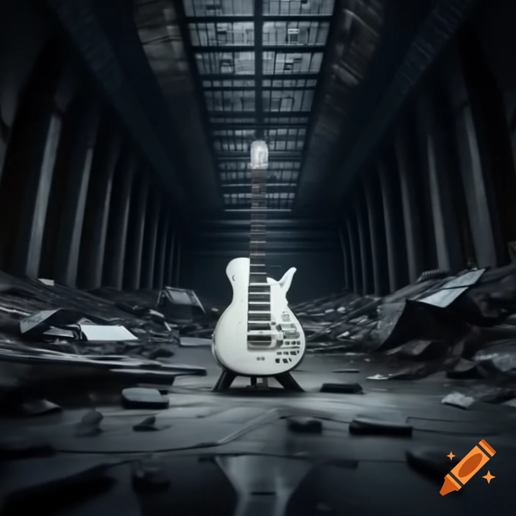 Dystopian war zone featuring a single white guitar at the center