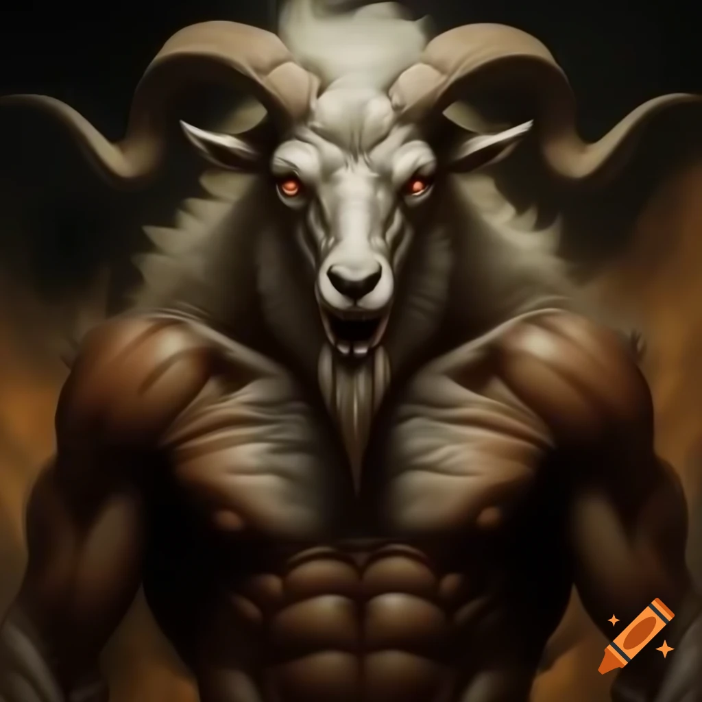 Realistic oil painting of a goat-headed demon with large horns