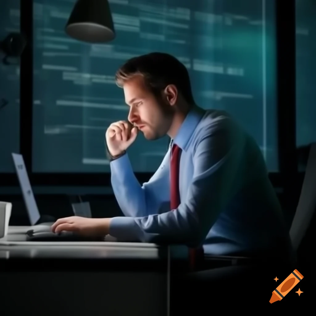 Businessman pondering AI applications at desk with glowing laptop