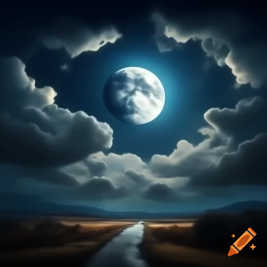 Full moon surrounded by clouds in a landscape setting