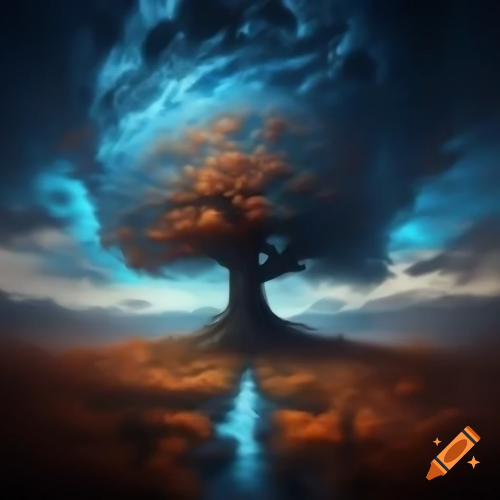 Artistic depiction of tree of life in autumn meadow under starry midnight blue sky