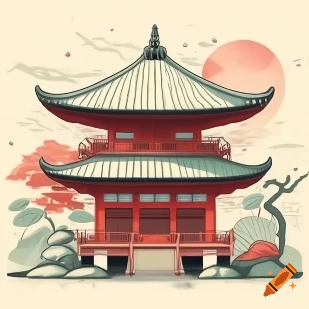 Japanese kawaii temple drawing