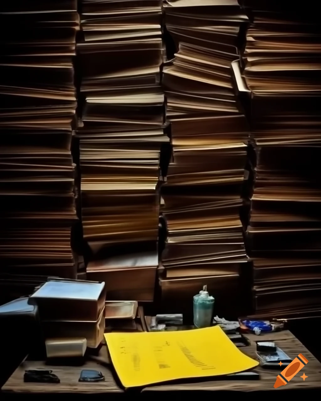 Cluttered old desk with yellowed paper and dark wooden fixtures, hinting at history