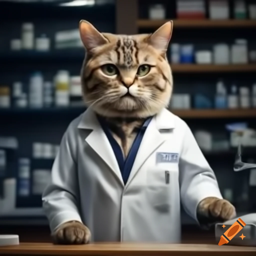 Intelligent cat pharmacist in front of pharmacy