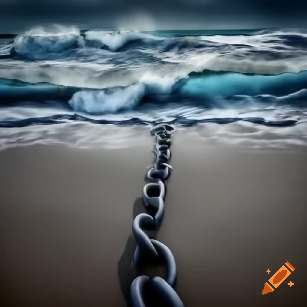 Iron chain winding from shore beneath ocean waves