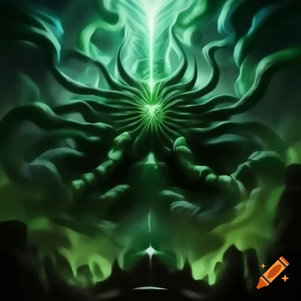 Disembodied emerald green head with chaotic energy above throne of Oz