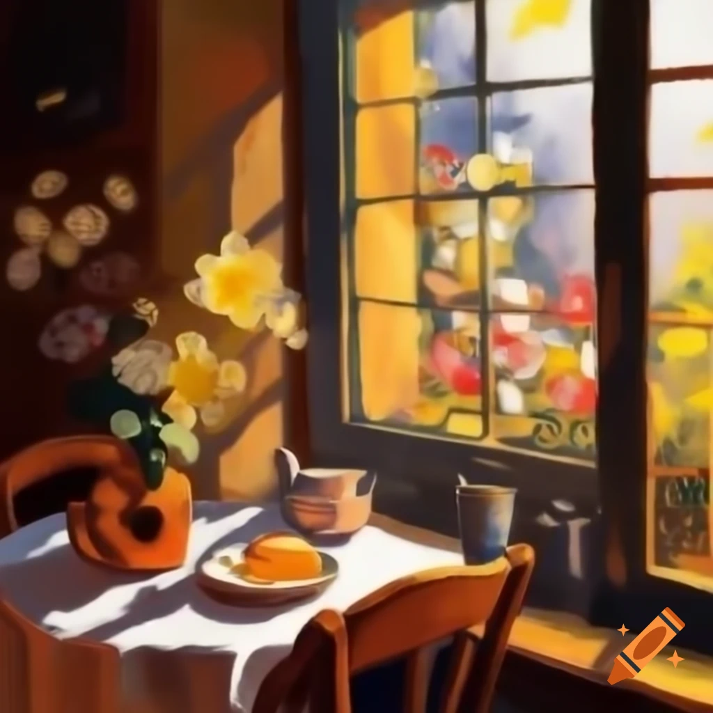 Cozy impressionistic breakfast scene by window overlooking blooming garden
