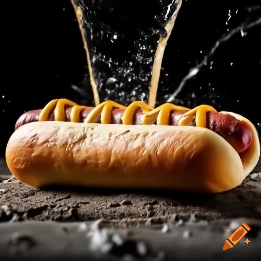 Hotdog splashed on dirty ground, showcasing deliciousness