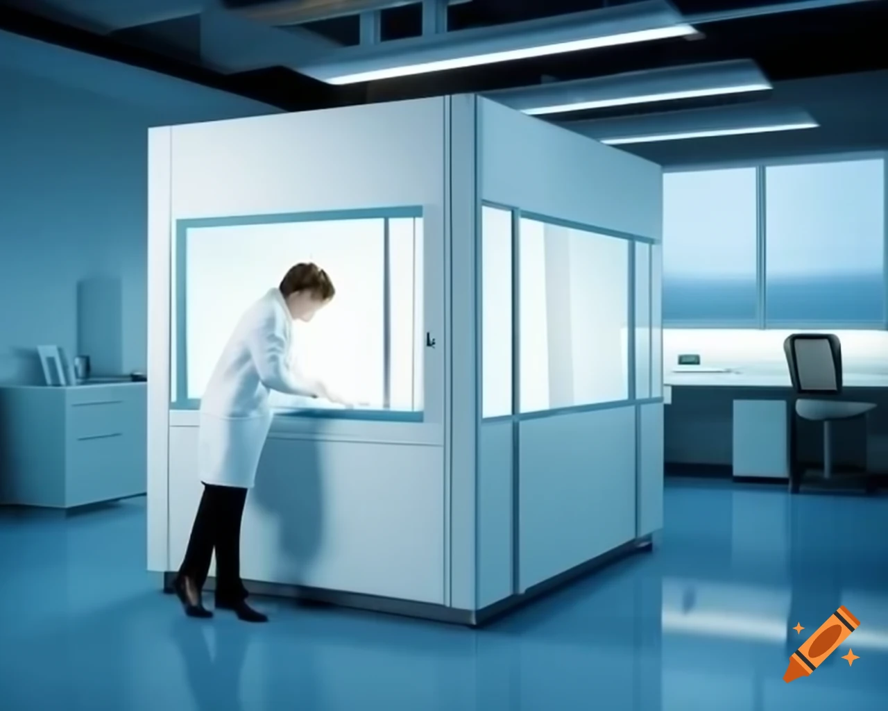 Modern laboratory with APEX-2 fume cupboard and middle-aged female scientist