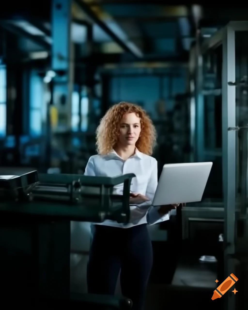 Modern young woman working in high-tech industrial environment in Germany