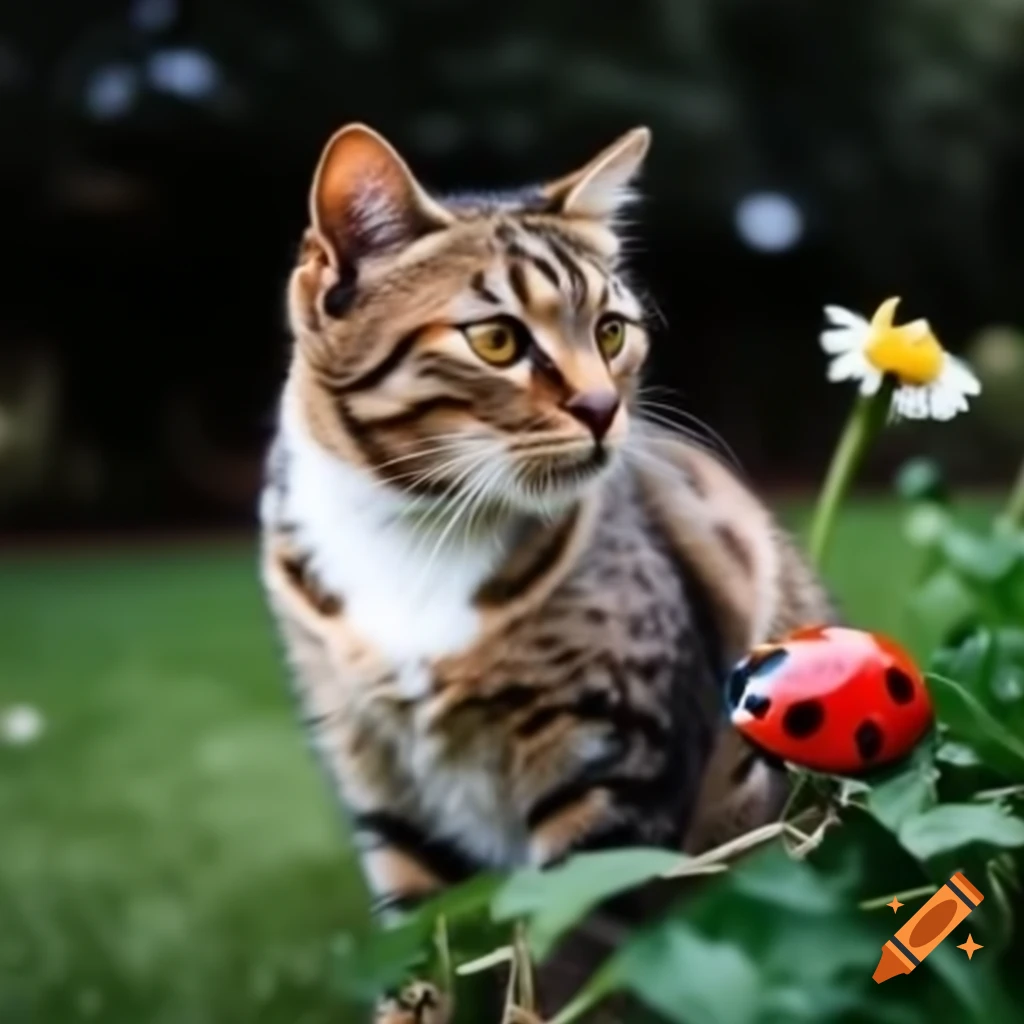 Australian tabby cat observing ladybug in garden