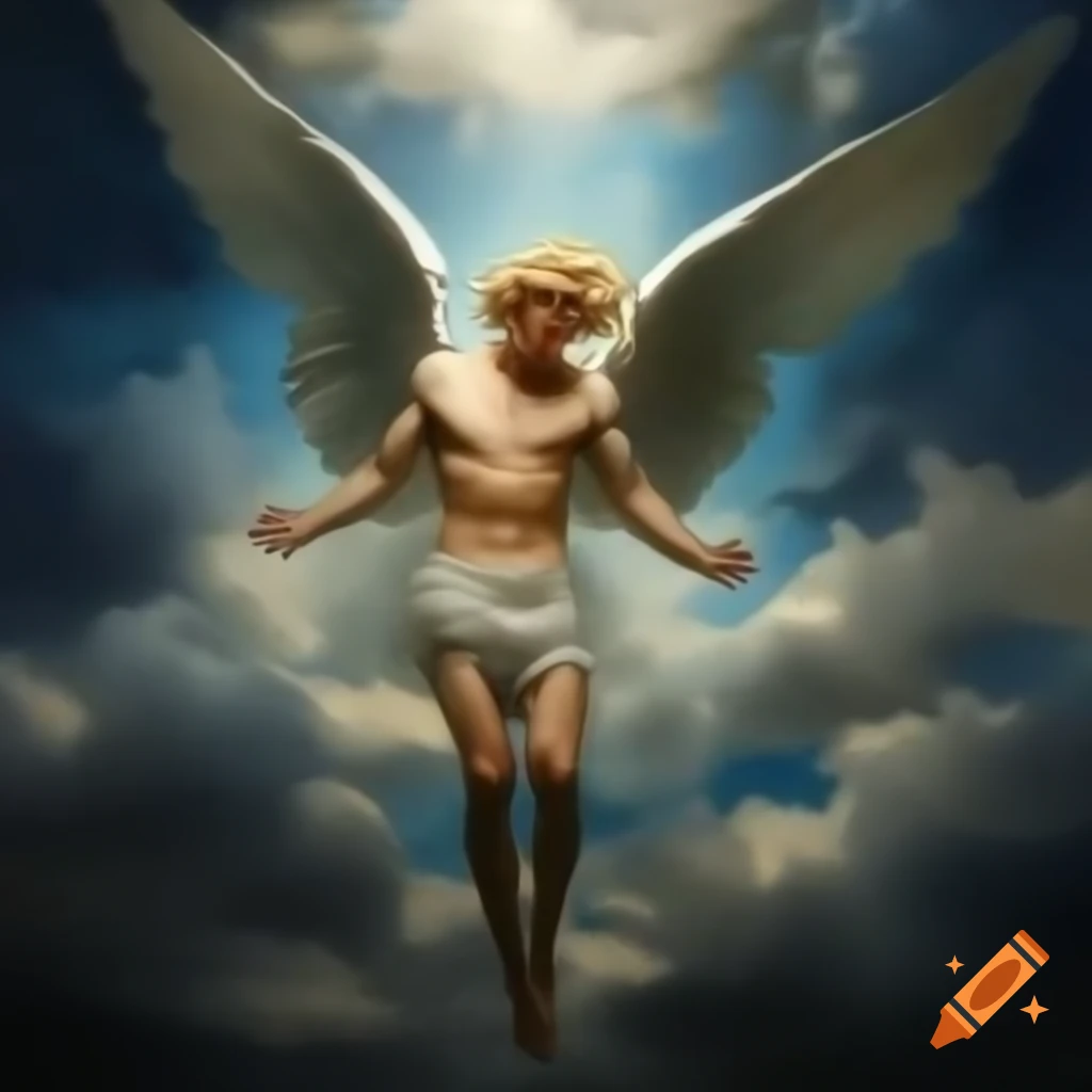 Renaissance painting of long-haired blonde male angel falling from heaven