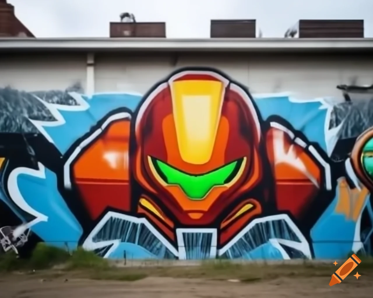 Graffiti artwork of Metroid character Samus on a wall