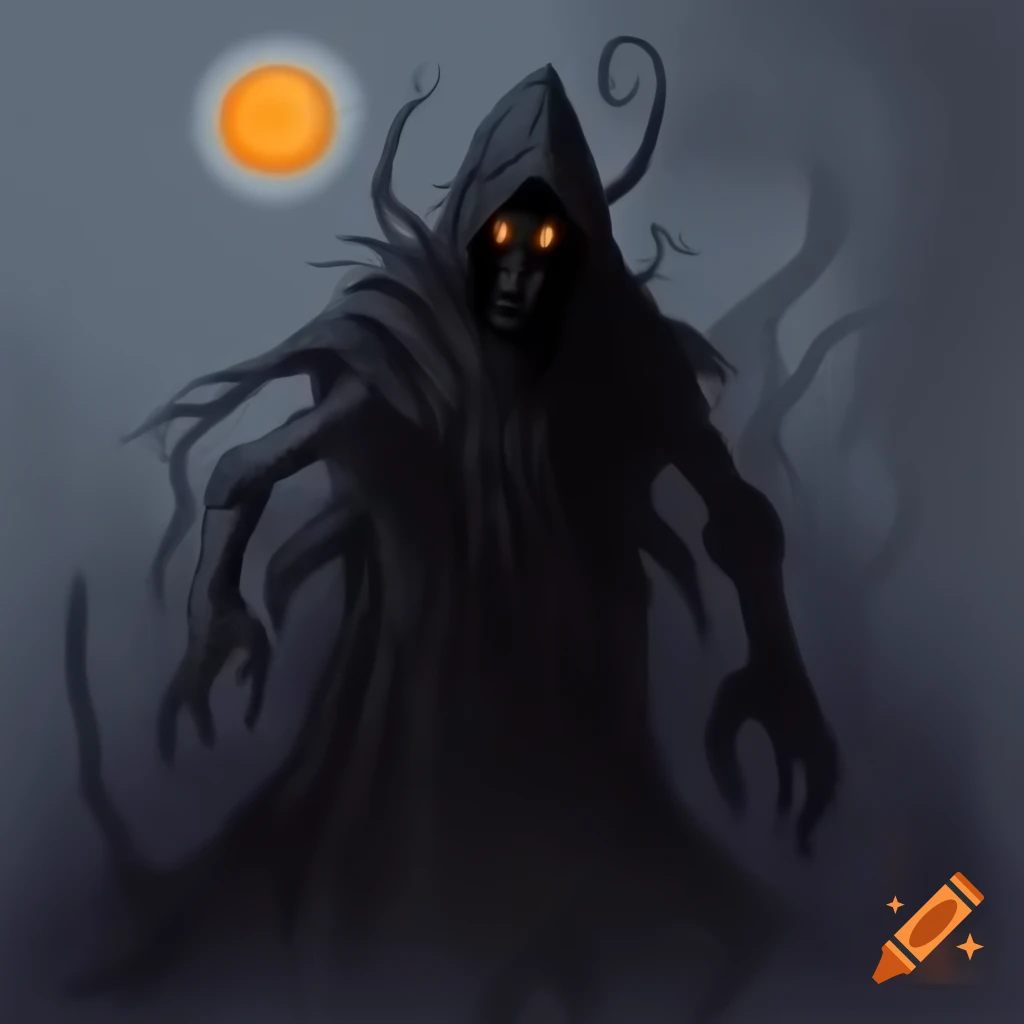 Malevolent shadow entity with glowing orange eyes illuminated by moonlight