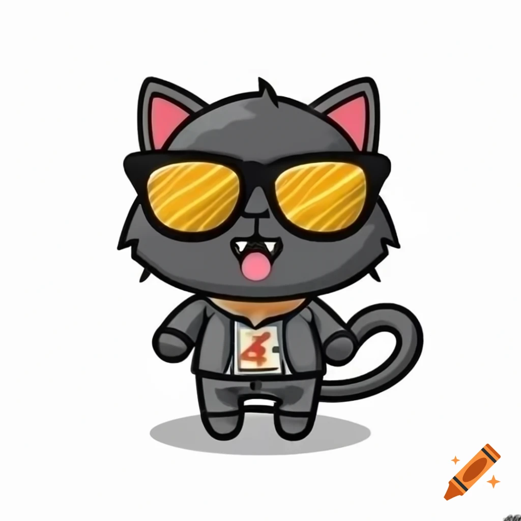 Cartoon art of black cat in sunglasses and pajamas, wild style