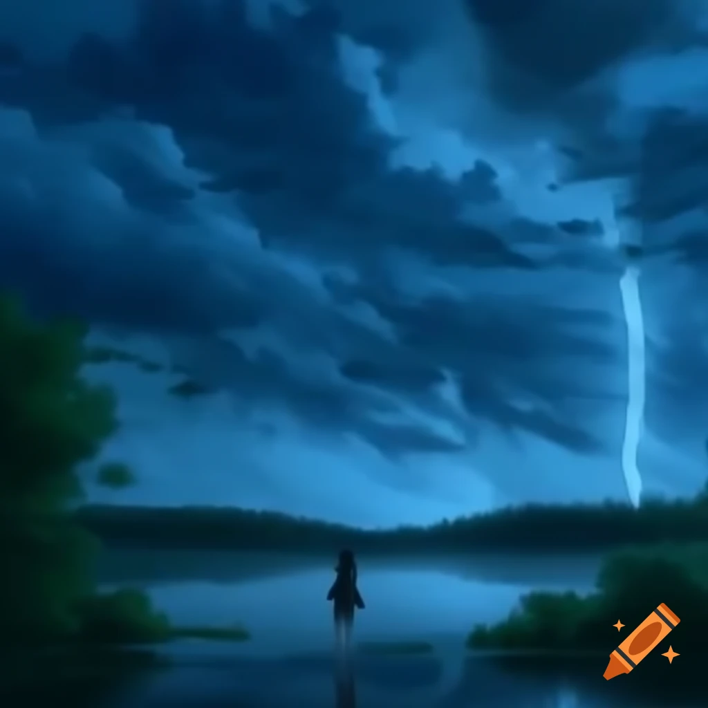 Rain falling on forest lake with stormy clouds above