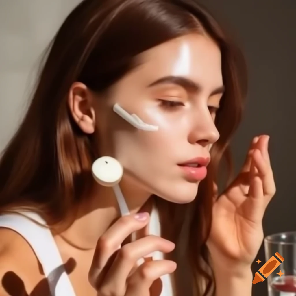 Beautiful woman applying cream on cheek, view through glass