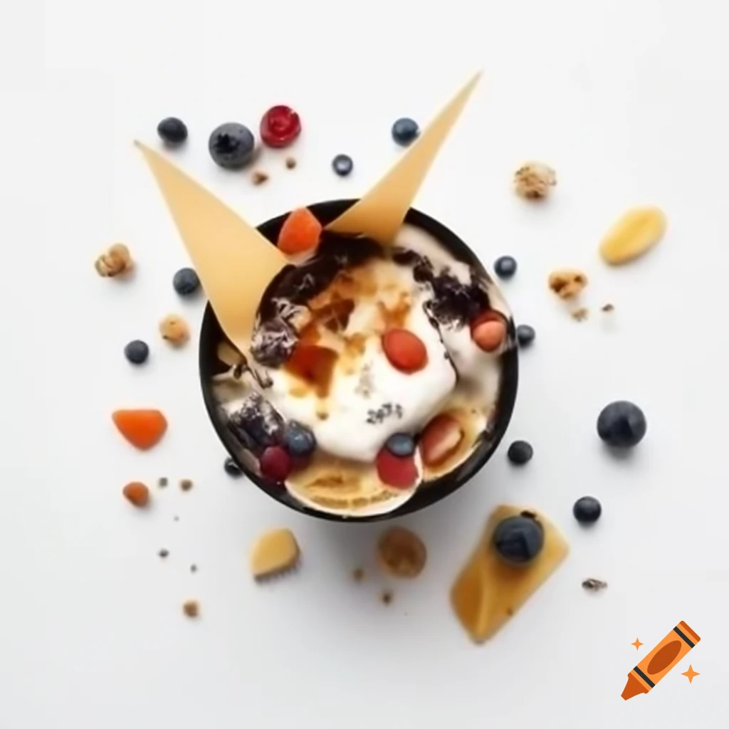 Elegant black paper cup with creamy herbal frozen Greek yogurt topped with organic fruit
