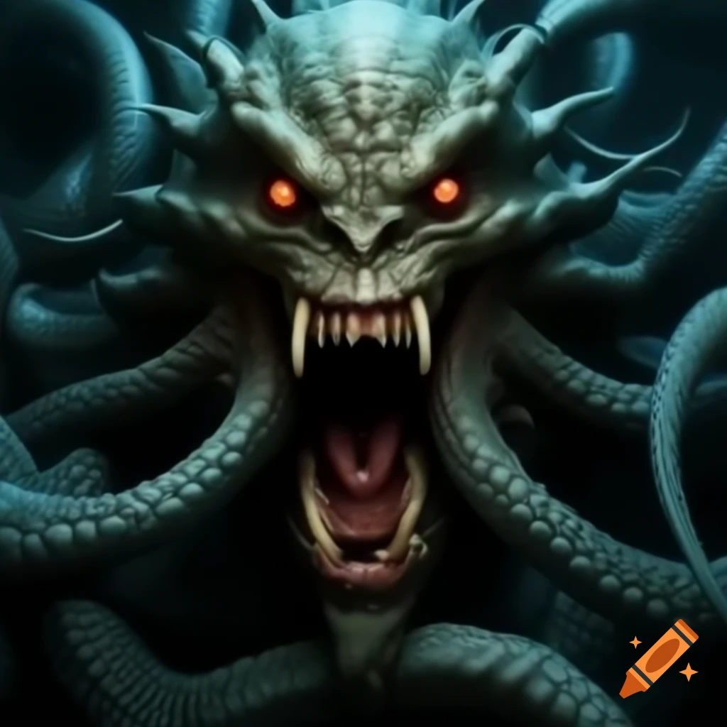 Giant creature with multiple features including teeth, eyes, and tentacles