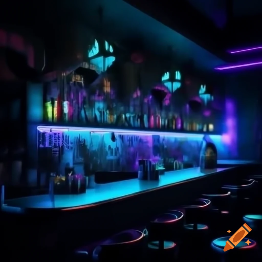 Dark neon-lit elven biker bar scene