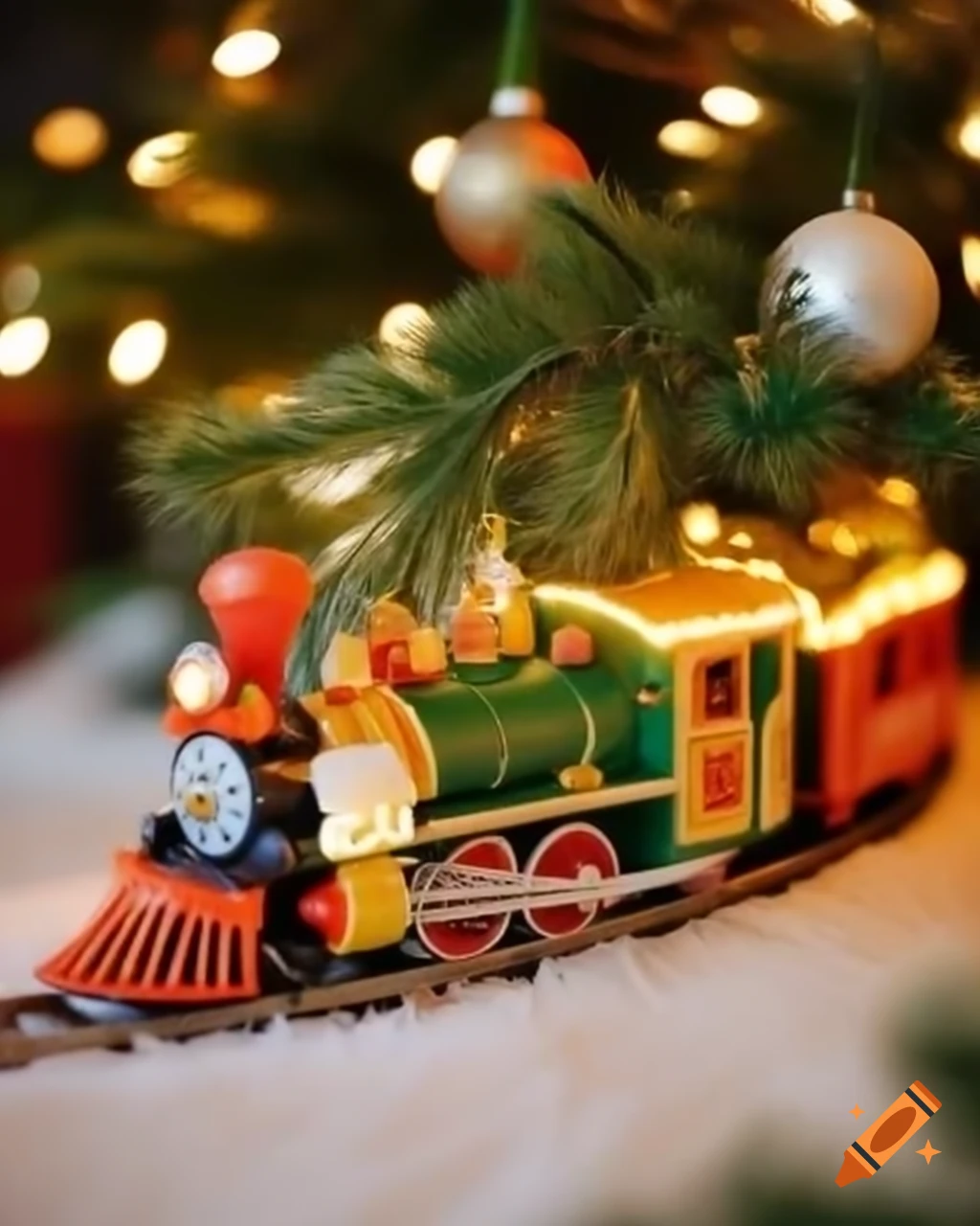 Miniature toy train circling beneath Christmas lights on emerald green tree